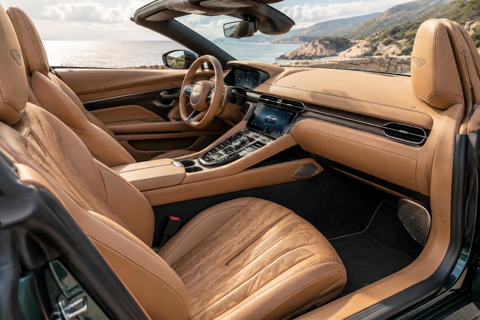 Aston Martin DB12 Volante tan leather cabin detail
